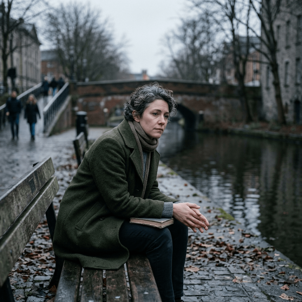 Woman sitting on a bench with a book beside an urban canal