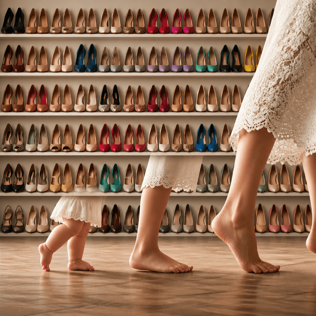 Adult and child walking through a shoe store lined with colorful pumps
