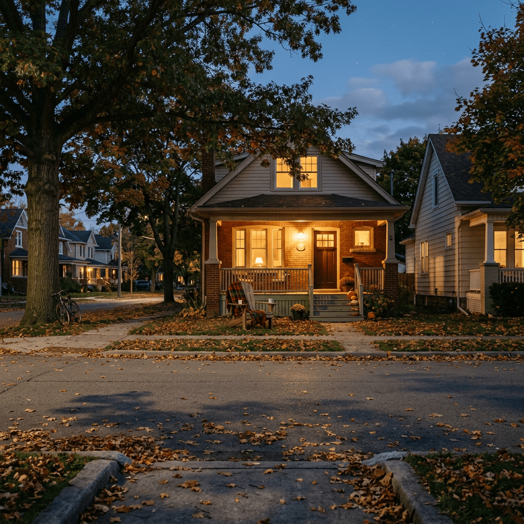 Warmly lit brick bungalow on an autumn evening beneath large trees