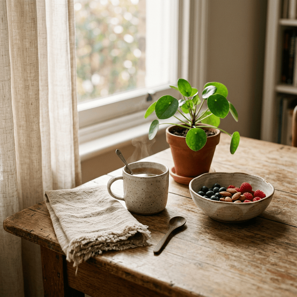 Coffee, berries, and a houseplant arranged on a wooden table by a window